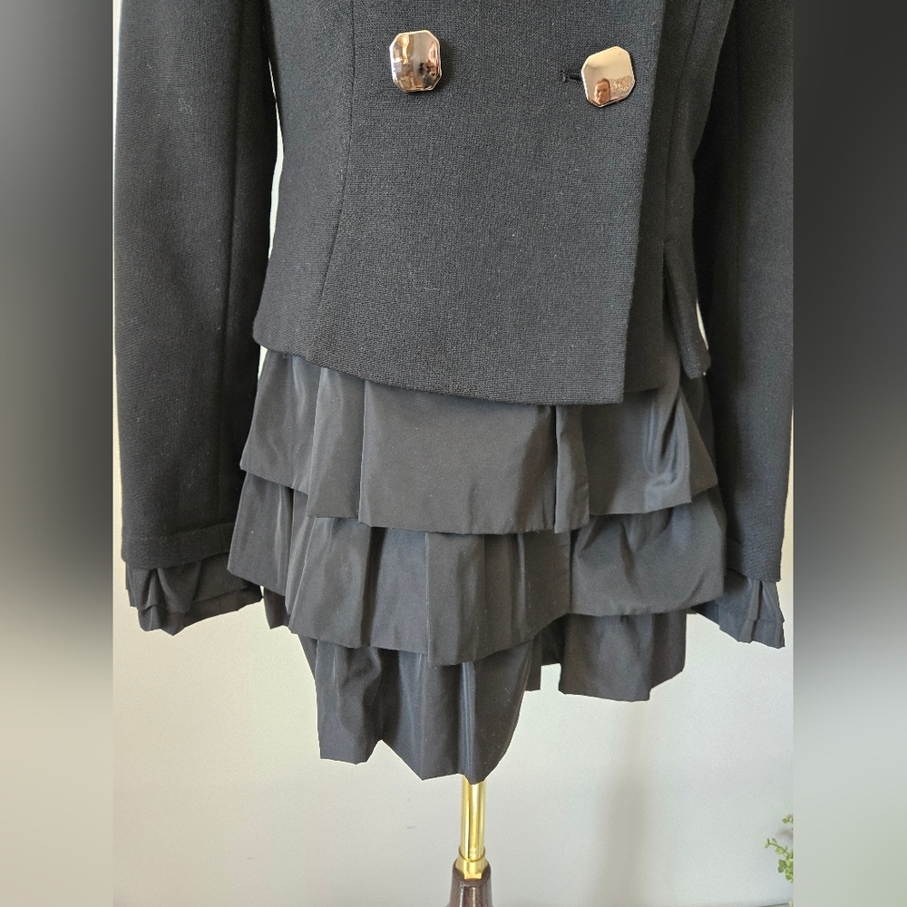 ECOLOR Black Double-Breasted Women's Jacket With Ruffle Bottom And Cuffs. Medium - Picture 2 of 14